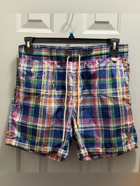 VTG Polo Ralph Lauren Swim Shorts M USA Blue 90s Madras Check Plaid 90s Retro